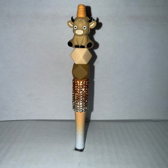 Handmade Other - Handmade Beaded Pen- 3D Tan Cow with silicone beads and rhinestone base